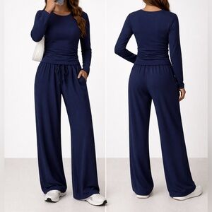 Women's Navy Wide-Leg Lounge Pants Set